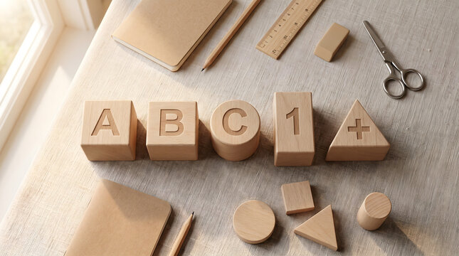 Natural wooden abcde blocks with letters and numbers on a neutral linen table surface for early learning