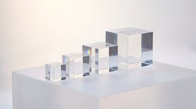 Abcde transparent crystal glass cubes of increasing size arranged in a row on a frosted display pedestal
