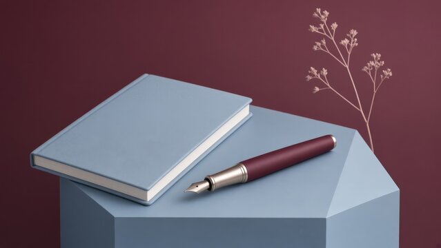A dark red fountain pen and light blue hardcover book resting on a geometric blue pedestal with dried flower stems against a maroon background