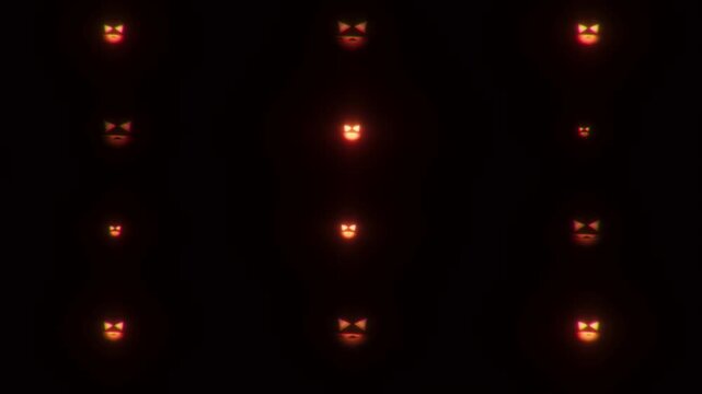Halloween jack o lantern animation with spooky face design features in dark green and orange light loop greeting footage perfect for festive seasonal background creative projects or digital display