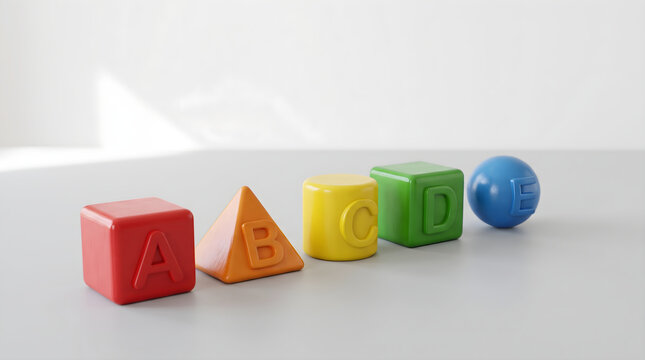 Colorful abcde educational blocks arranged on a table for early childhood learning and kindergarten concepts