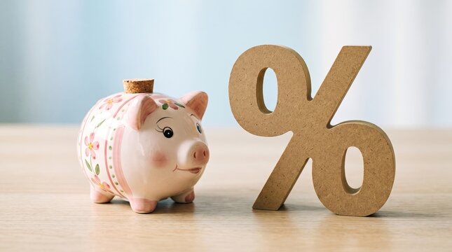 A delicate small pink piggy bank is positioned next to a significantly larger wooden percentage sign on a pale wooden table