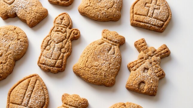 Speculaas cookies with traditional shapes are arranged neatly on a white background.