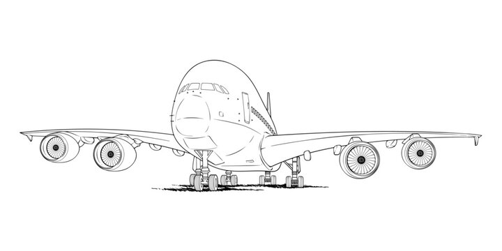 Front view outline of a large commercial passenger airplane with four engines resting on runway isolated on white background