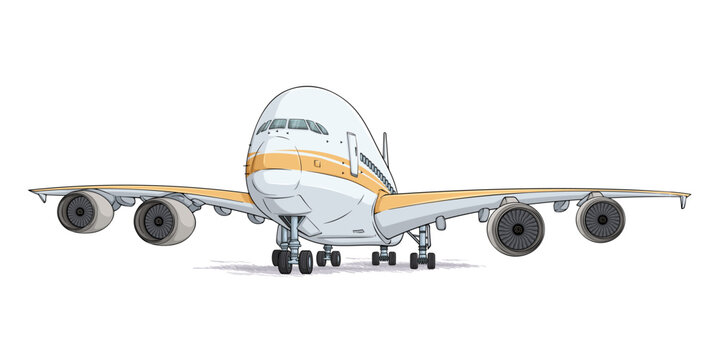 Front view of a large commercial passenger airplane with four engines resting on airport runway isolated on white background