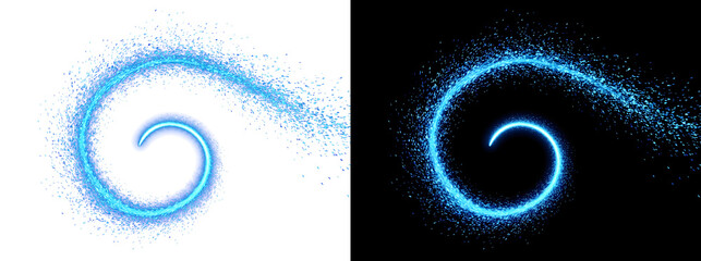 Blue particle spiral of scattered dust ring shattering into circular vortex for design use in PNG, Transparent and Black Background Versions available © Guddoo