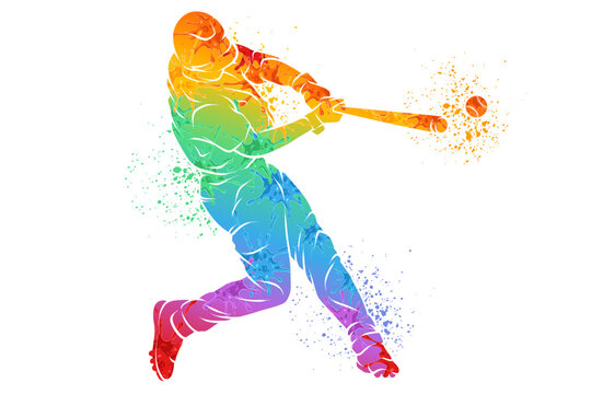 Dynamic silhouette of a baseball batter swinging the bat and hitting the ball with vibrant paint splash on white ground