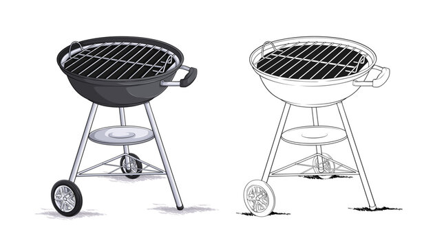 Round charcoal barbecue kettle grill with wheels shown in shaded version and clean outline style isolated on white ground