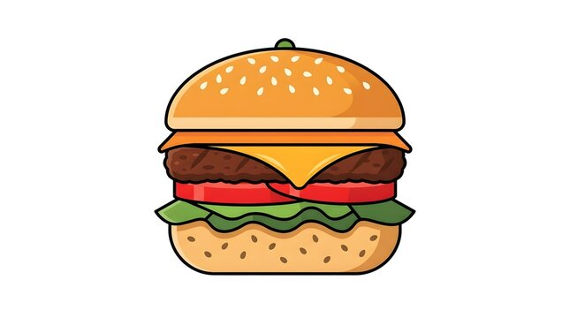 Delicious cartoon hamburger illustration featuring a juicy beef patty, melted cheese, fresh tomato, and crisp lettuce between sesame seed buns