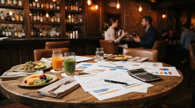 Business Lunch Meeting: A productive business meeting unfolds over a healthy lunch at a restaurant, with professionals discussing strategy and analyzing data scattered across the table.