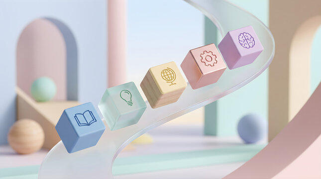 3d render concept with abcde showing colorful blocks with icons representing education, ideas, and strategy