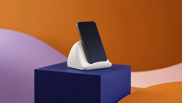 Modern smartphone docked on a white wireless charging base resting on a blue cube against a colorful abstract background.