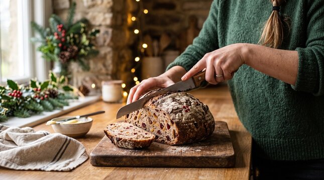 Woman slicing festive fruit and nut bread on a wooden board in a cozy kitchen setting with Christmas decorations PNG Isolated on transparent background