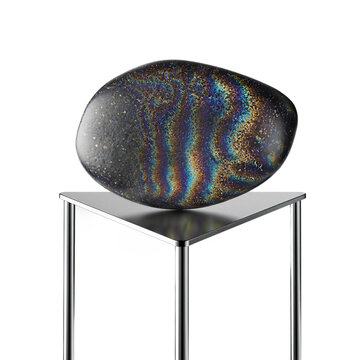 Spectrolite gemstone displaying full color labradorescence resting on a minimalist metallic podium on transparent background