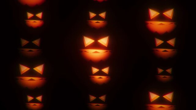 Spooky digital Halloween animation featuring seamless looping grid of glowing orange jack-o-lantern faces moving across dark black background for festive holiday video greeting template.