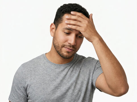 Hispanic man holding his hand to his forehead with a stressed expression against white.