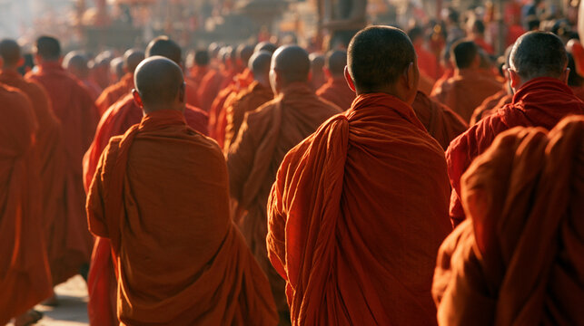 A serene gathering of monks in vibrant orange robes, walking in unison during a peaceful ceremony