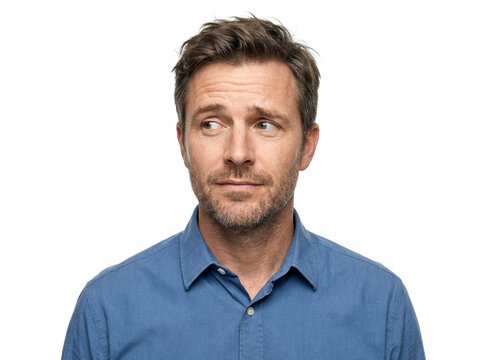 Handsome man wearing a blue button-down shirt looking sideways with a curious and hesitant expression.