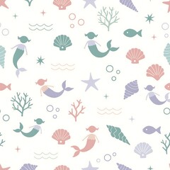 Fototapeta premium Seamless pattern with cute mermaids and sea creatures on a white background