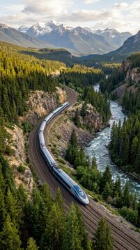 Scenic train traveling through mountain valley and forest