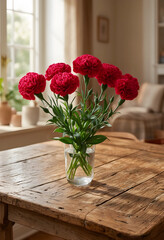 Obraz premium Interior design and home decor, red carnation flowers in a glass vase on a rustic wooden table in a sunlit living room with a cozy atmosphere