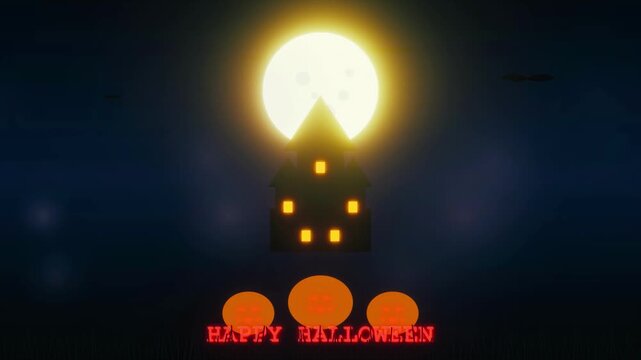 Spooky Halloween animation featuring silhouette haunted house under bright full moon with flying bats, creeping fog, three glowing jack-o-lanterns, and Happy Halloween red greeting text.