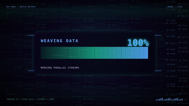 Futuristic data processing interface showing a loading bar and percentage for a digital build matrix.