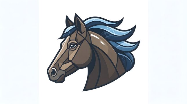 Modern stylized brown horse head mascot logo with flowing blue mane vector illustration
