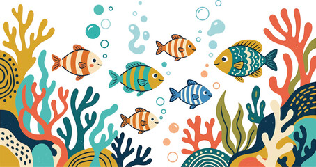 Obraz premium Colorful tropical fish swimming among coral reefs and bubbles underwater with coral reef