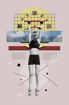 Collage art in surrealism style with a woman against clock face