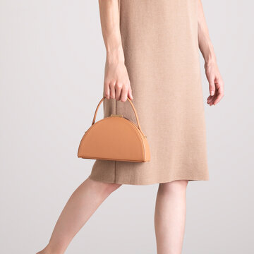 Beige Dress With Leather Handbag Minimalist Style