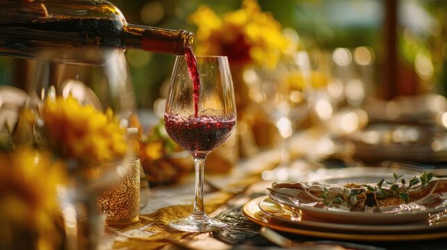 Multiple Wine Glasses on Luxurious Dining Table with Red Wine Pouring in Warm Light