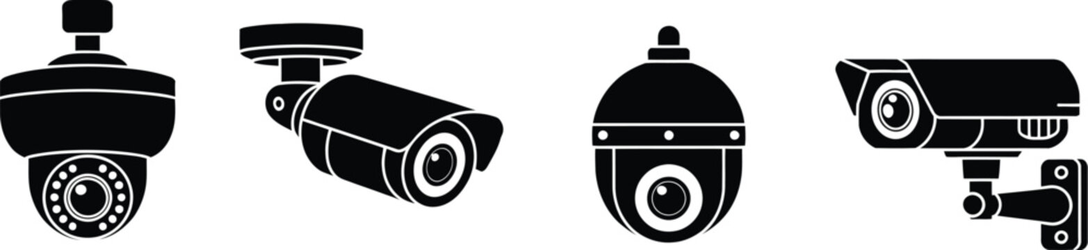 Security, surveillance camera vector set featuring dome cameras, bullet cameras, monitoring devices, safety technology and clean black silhouettes.