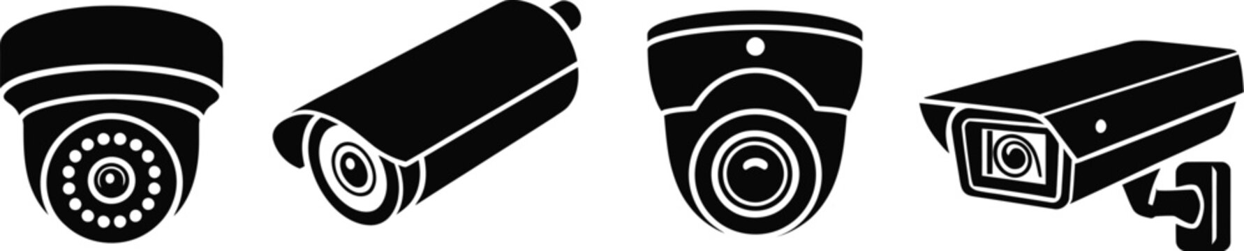 Security, camera silhouette icons featuring dome and bullet surveillance devices, monitoring systems, protection equipment and isolated vector designs.