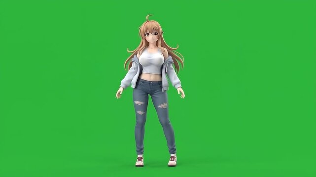 Cute Kawaii Anime Girl Arms Crossed Confident Pose 3D Character Loop - 4K Green Screen Chroma Key