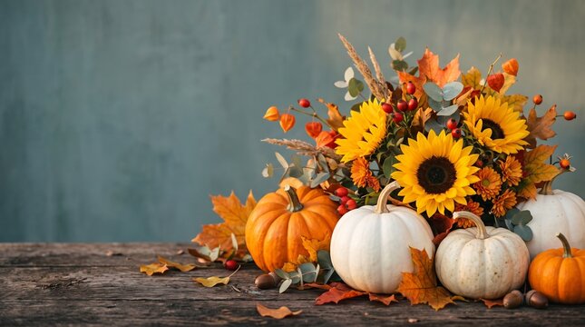 Autumn still life arrangement with pumpkins sunflowers and colorful fall foliage