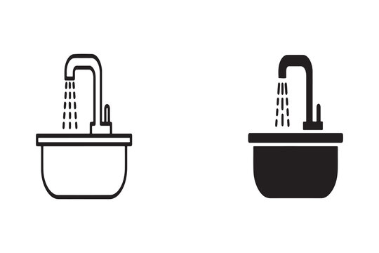 Kitchen Sink and Faucet Icon Set with Running Water
