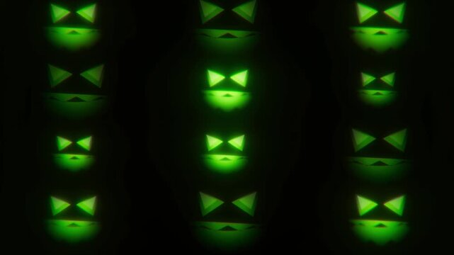 Spooky green jack-o-lantern pumpkin face Halloween greeting animation loop on black background, featuring glowing eerie expression for seasonal intro, festive message, or horror themed video design.