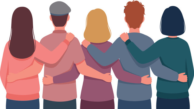 Diverse group of young people standing together back view with arms around shoulders vector illustration isolated on white background concept