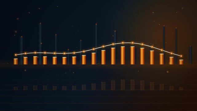 Animated bell curve distribution chart with glowing data bars for financial analysis and statistical growth visualization