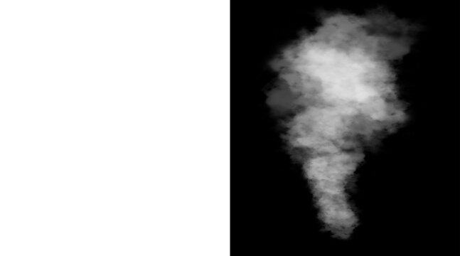 Atmospheric white smoke plume on black background, realistic steam cloud texture, ethereal fog and mist overlay for creative compositing