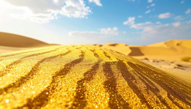 Golden desert landscape under a bright blue sky with scattered clouds.