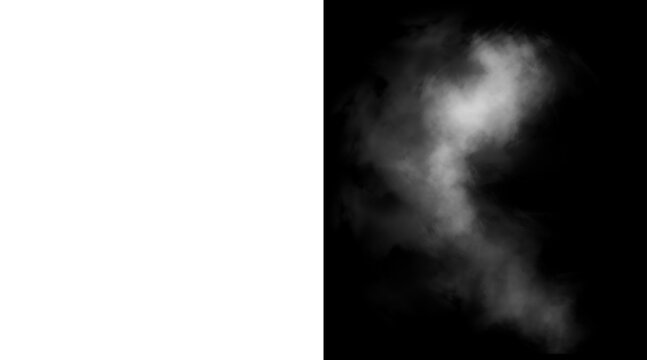 Atmospheric white smoke on black background, ethereal steam cloud texture, realistic fog and mist overlay for cinematic visual effects