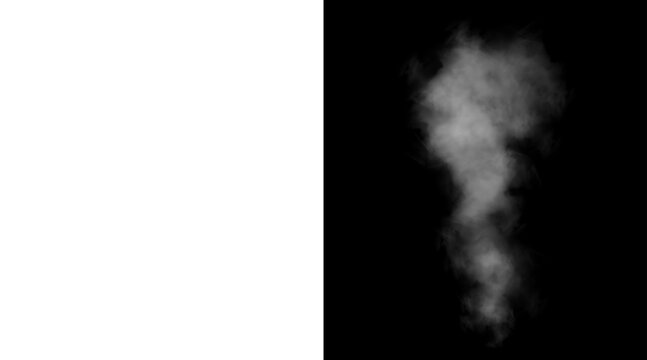 Atmospheric white smoke plume on black background, realistic steam vapor trail, ethereal fog cloud texture for photo compositing and design