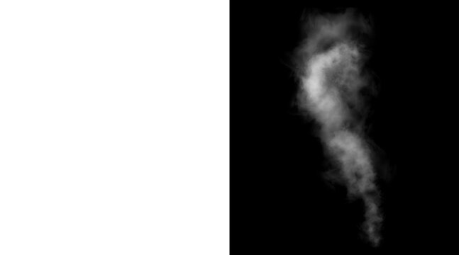 Atmospheric white smoke plume on black background, realistic steam vapor trail, wispy fog texture for overlay and digital compositing