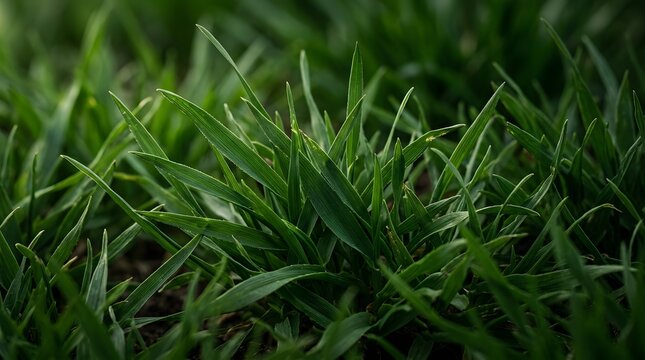 A vibrant close up perspective of lush green grass blades glistening with morning dew evoking a sense of tranquility and natural beauty