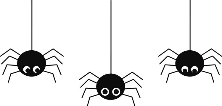 Cute cartoon hanging spiders silhouette vector icon set isolated on white background for Halloween celebration party decor