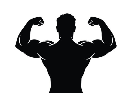 Black silhouette of a muscular bodybuilder flexing biceps and back muscles from behind on white background