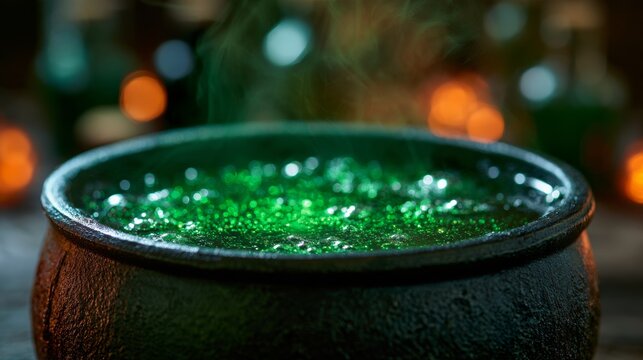 Black cauldron with boiling green liquid, Halloween concept.