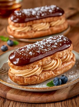 Chocolate glazed eclair with cream filling